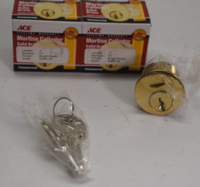 Mortise Cylinder Lock Solid Brass Commercial 1'' Y1 Bright Brass w Keys 2 Pack
