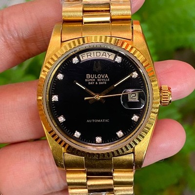 Rare Bulova President Super Seville Day Date Automatic Black Dial Diamond Watch