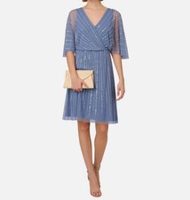 Adrianna Papell Women's Blue Beaded Flutter-Sleeve A-Line Dress Size 12