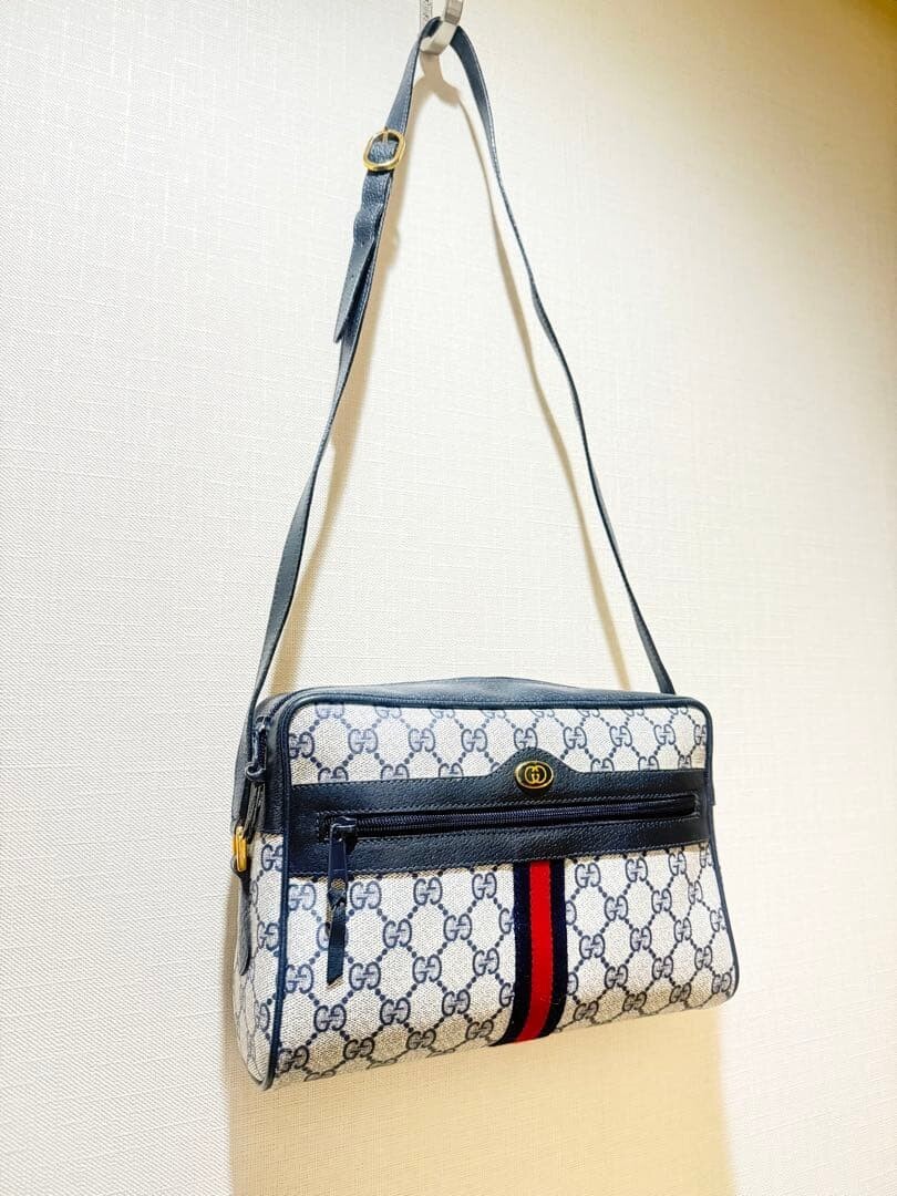 Gucci GG Supreme Sherry Line Navy Crossbody Shoulder Bag Vintage Auth