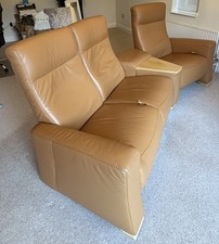 3 Seater Curved Himolla Leather Sofa With Manual Recliner And Inset Table