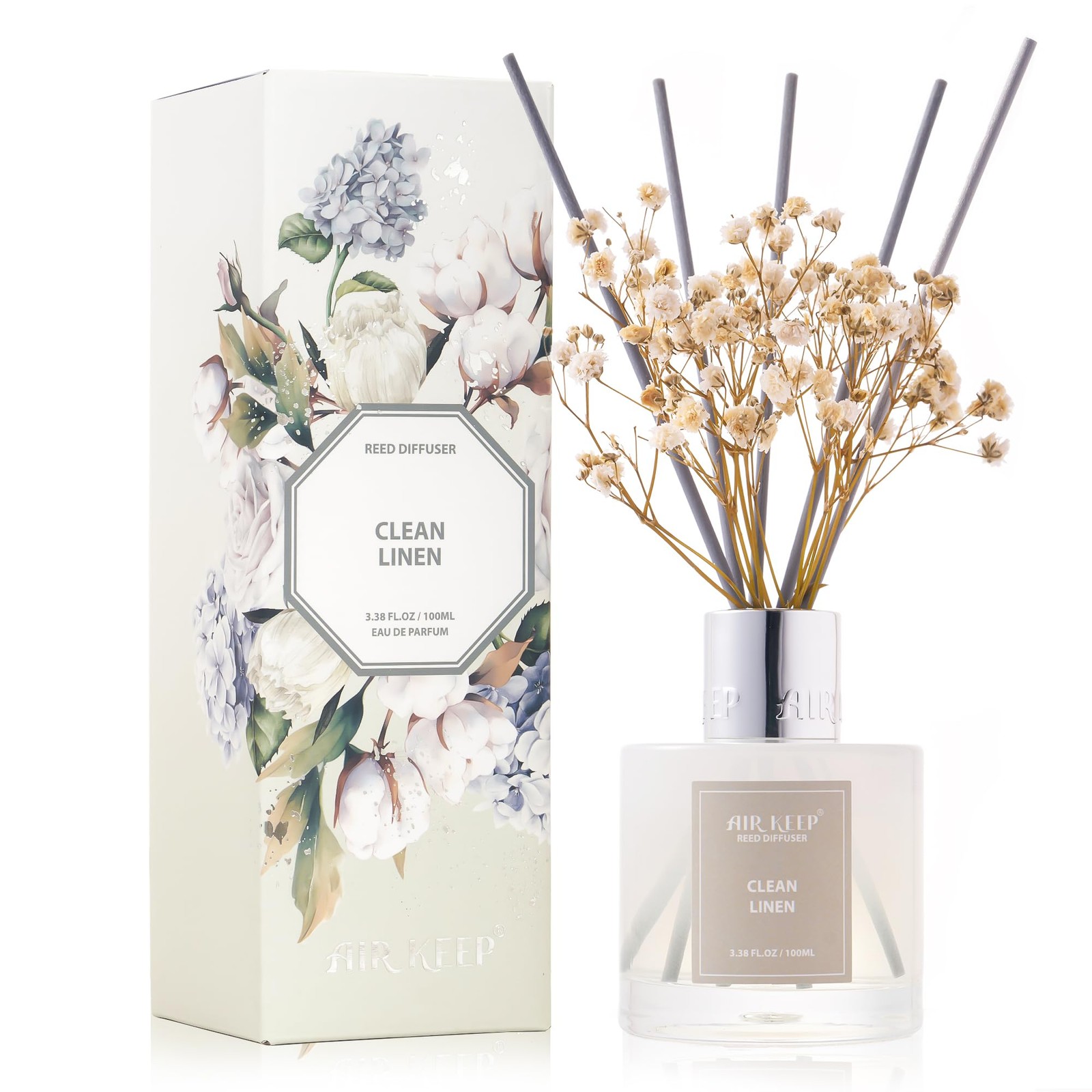 Airkeep Reed Diffuser Set,3.38 fl oz (100 ml) - Clean Linen Oil Diffusers with 8