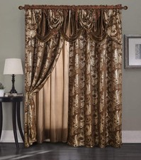 GLORY RUGS Jacquard Luxury Window 2 Panel Set Brown Curtain with Attached Val...