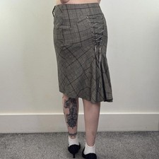 Y2K vintage houndstooth tartan check midi skirt lace up knee length rhinestone
