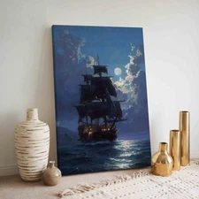 Moonlit Tall Pirate Ship Oil Painting Printed on Canvas,Nautical Wall Art Decor