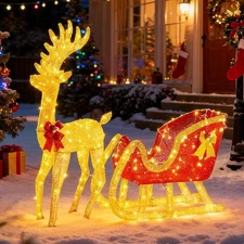 OLIXIS 4 FT Pre-Lit Christmas Reindeer & Santa Sleigh Set with Gold&Red 