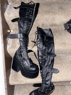 Demonia Women's Black Over-the-Knee Platform Lace-Up Buckle Strap Boots 9