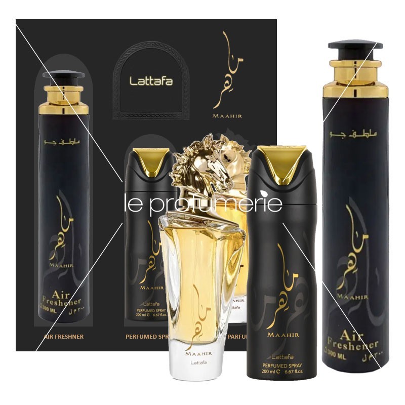 Cofanetto unisex Lattafa Maahir eau de parfum 100ml+deo corpo+deo ambiente