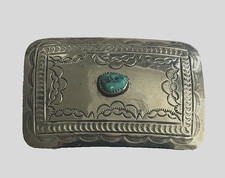 Vintage NAVAJO Sterling Silver Turquoise Stamped Ornate Concho Belt Buckle 38.5g