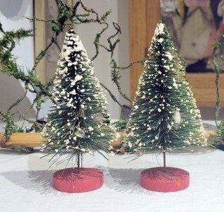 Two medium sized Green Bottle Brush Christmas Trees.. Japan 1950s
