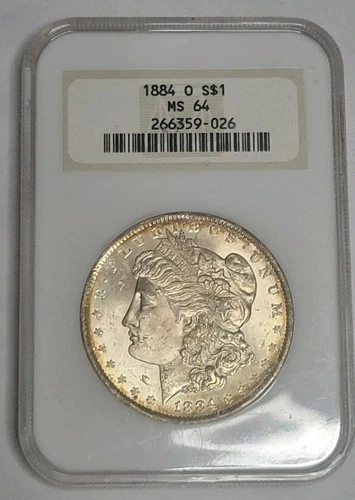 NICE 1884 O MORGAN DOLLAR N.G.C. GRADED MS64 GOOD STRIKE, WHITE WITH GOOD LUSTER