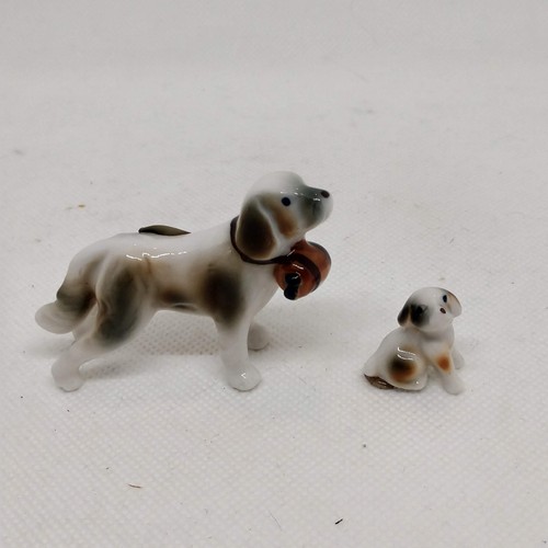 Vintage Miniature Bone China St Bernard Dog Figurines Lot Of 2 Japan Brown White