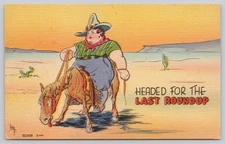 Vintage Linen Cowboy Humor Postcard Headed for the Last Roundup GC429