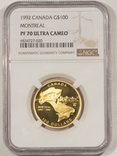 1992 PROOF CANADA GOLD $100 MONTREAL 350TH ANNIVERSARY .25 OZ AGW NGC PF-70 UCAM 5580.00 per troy oz