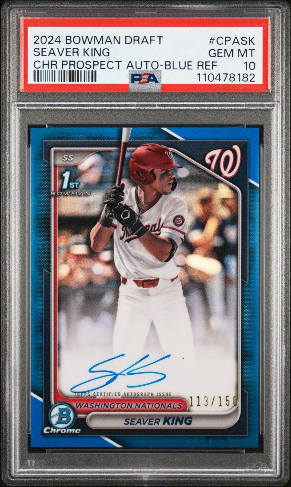 Seaver King 2024 Bowman Chrome Draft 1st TRUE Blue Refractor AUTO /150 PSA 10