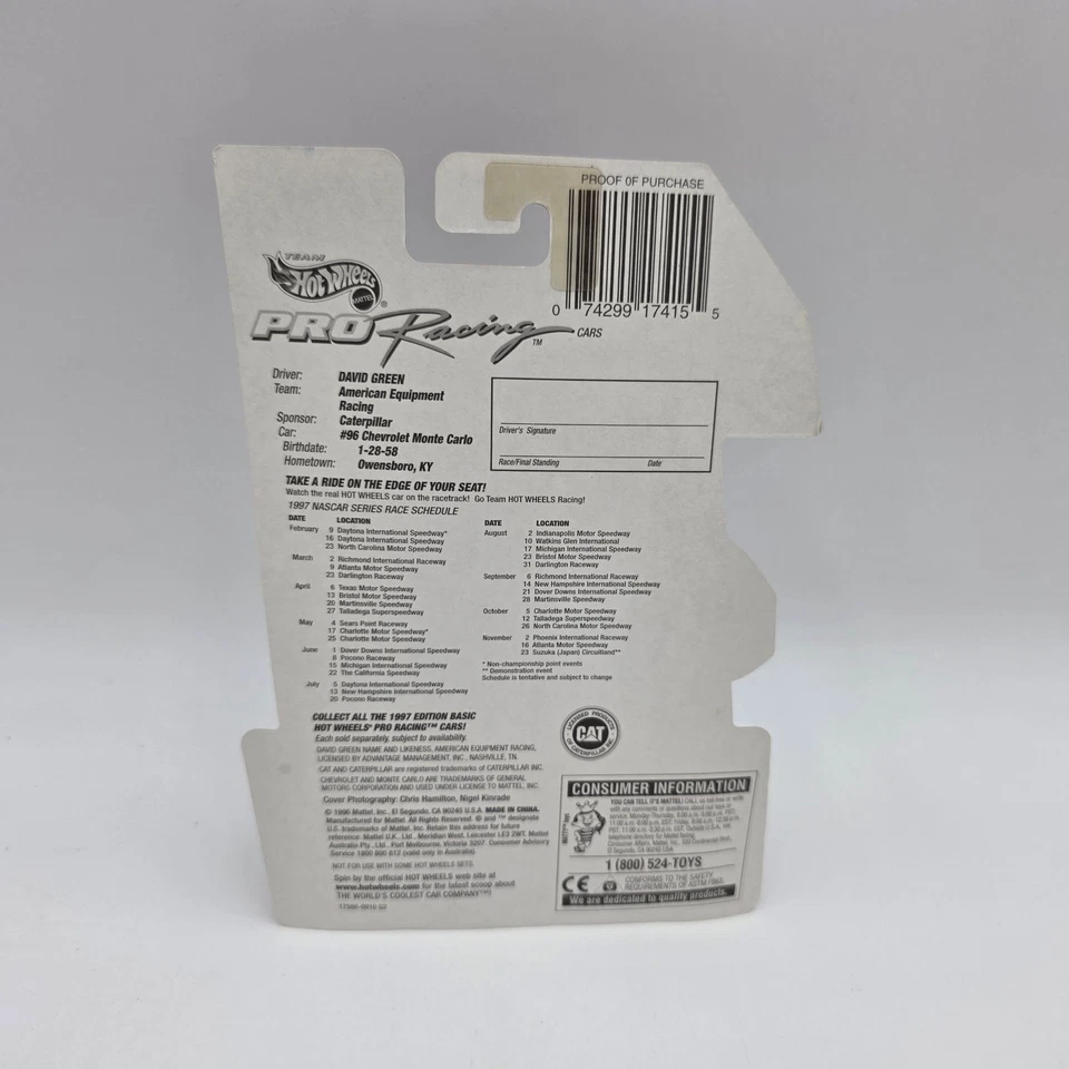 Hot Wheels Pro Racing Caterpillar David Green #96 NASCAR Car Sealed - Image 4 of 4