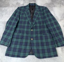 Vintage Pendleton Blue Green Tartan Plaid Gold Crest Buttons Wool Blazer Long