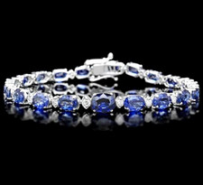 14k White Gold Tennis Bracelet Blue Oval Sapphire & Diamond Prong Box Clasp