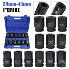 12pcs Impact Socket Set 1" Drive Cr-V Set 24-41mm 6 Point HGV Long Reach Sockets