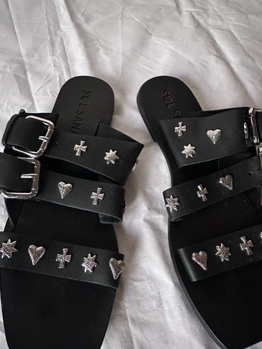 Sol Sana Eastwood Slides Black Leather Silver Symbols 39 $120 - Picture 3 of 4