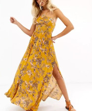 NWT FREE PEOPLE Yellow Floral Smocked Cutout  Strappy Maxi Slip Dress L