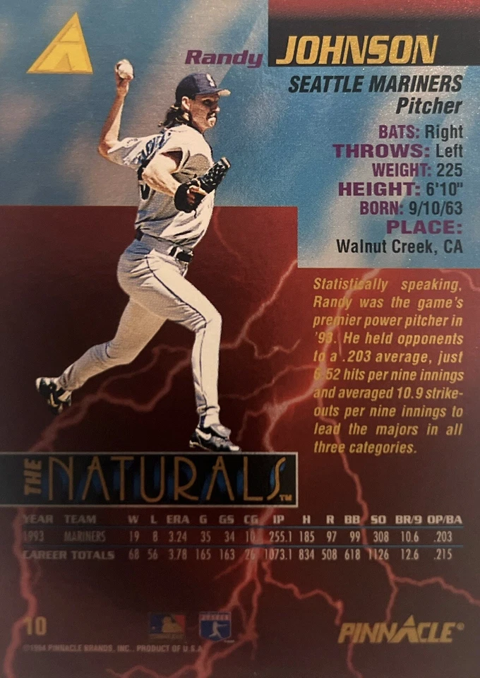 1994 Pinnacle The Naturals Randy Johnson HOF Seattle Mariners #10 Foil NMMT — 第 2/2 张图片