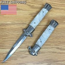 9"Tactical Marble White Spring Assisted Open Blade Folding Pocket Stiletto Knife