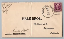 Martell California CA Amador County 1933 4-Bar Cancel DPO 1905-1973 Cover