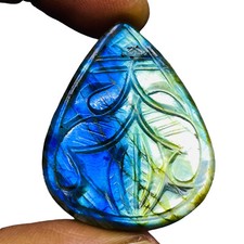 67.35 Cts Natural Labradorit​e 39x31mm Pear Carved Flashy Pendant Size Gemstone