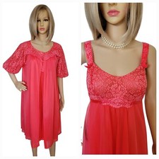 Vtg Vanity Fair Coral Nylon Chiffon Lace Nightgown  Peignoir Robe Set Size S