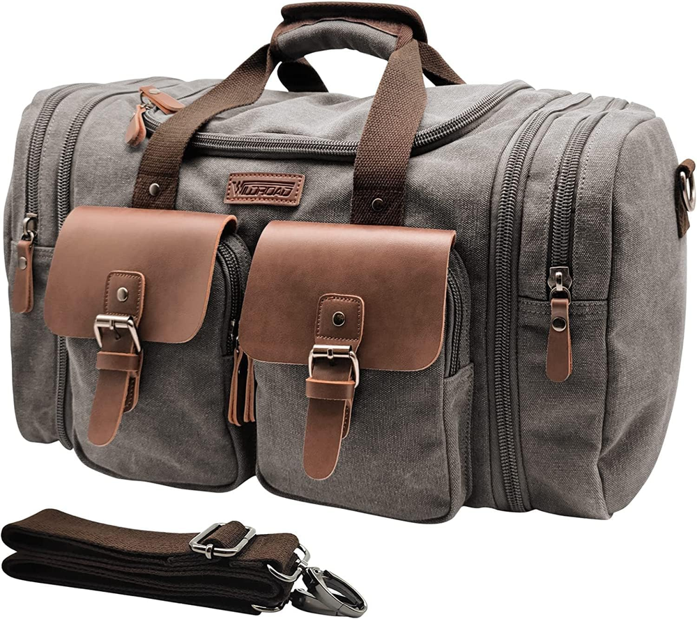 60L Travel Duffel Bag, Expandable Canvas Genuine Leather Duffle Bag Upgraded Ove