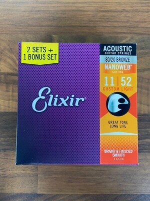 Elixir 16538 Akustikgitarrensaiten 80/20 Bronze Custom Light .011-.052 3er Pack