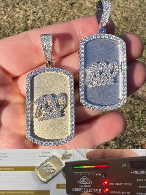 MOISSANITE Hip Hop 925 Silver / Gold Keep It 100 Dog Tag Iced Pendant Necklace