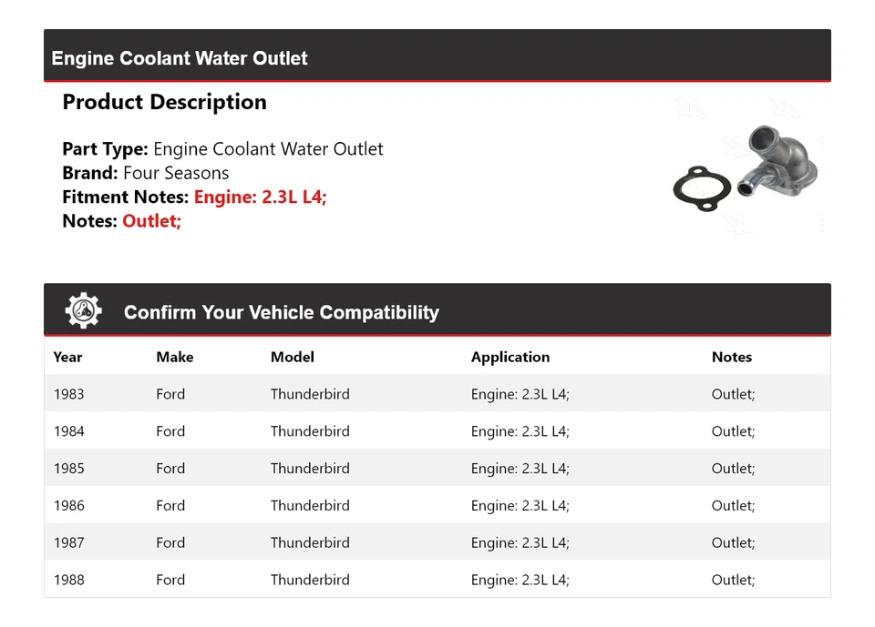Para Ford Thunderbird 1983-1988 2,3 L motor L4 salida de agua refrigerante 4 estaciones Foto 2 de 4
