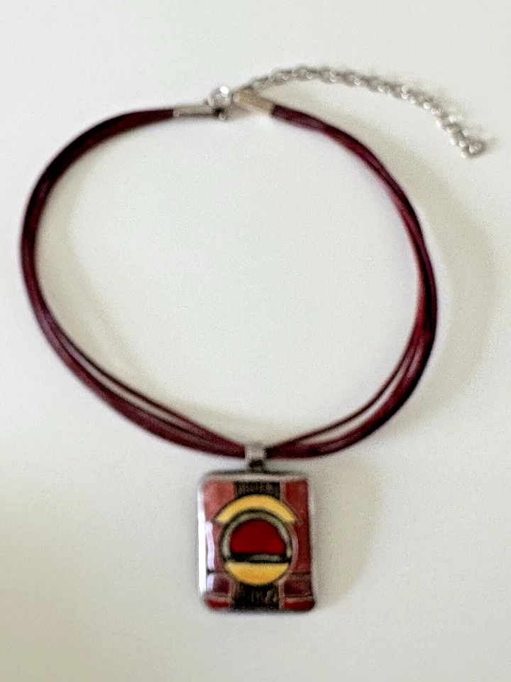 Collar Colgante Plata de Ley Cordón de Cuero Hecho por Artista Rojo Cerámica Geométrico Foto 3 de 4