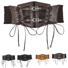Women Retro Wide Faux Leather Stretch Waist Belt Dress Corset Tassels Waistband