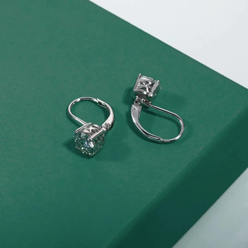 3 CTW Round Cut VVS1 Moissanite Lever Back Drop Earring 14K White Gold Plated - Image 3 of 4