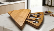 Premium Bamboo Cheese Board with Integral 3-Piece Stainless Steel Knife Set New