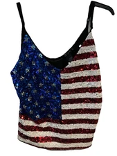 Miss Chievous Women’s Tank Top Sequins Stars Stripes USA Flag Sleeveless Large