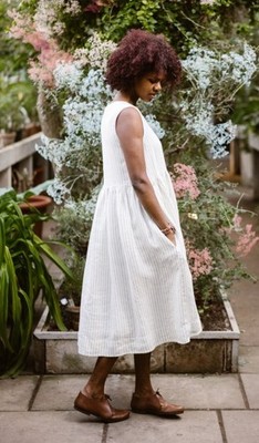 Son De Flor White Stripe Linen Tank Smock Dress M Medium Sleeveless BN