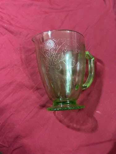 Vintage Hazel-Atlas Uranium Vaseline Green Depression Glass Floral Pitcher Glows