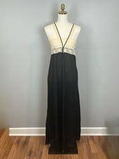 Vtg Full Length Slip Nightgown Womens Size Medium Black and Lace Cream Empire