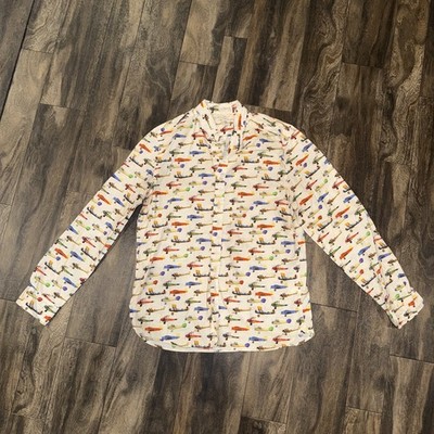H&M LOGG Button-Down Long-Sleeve Collared AOP Propeller Plane Print Men s Size M