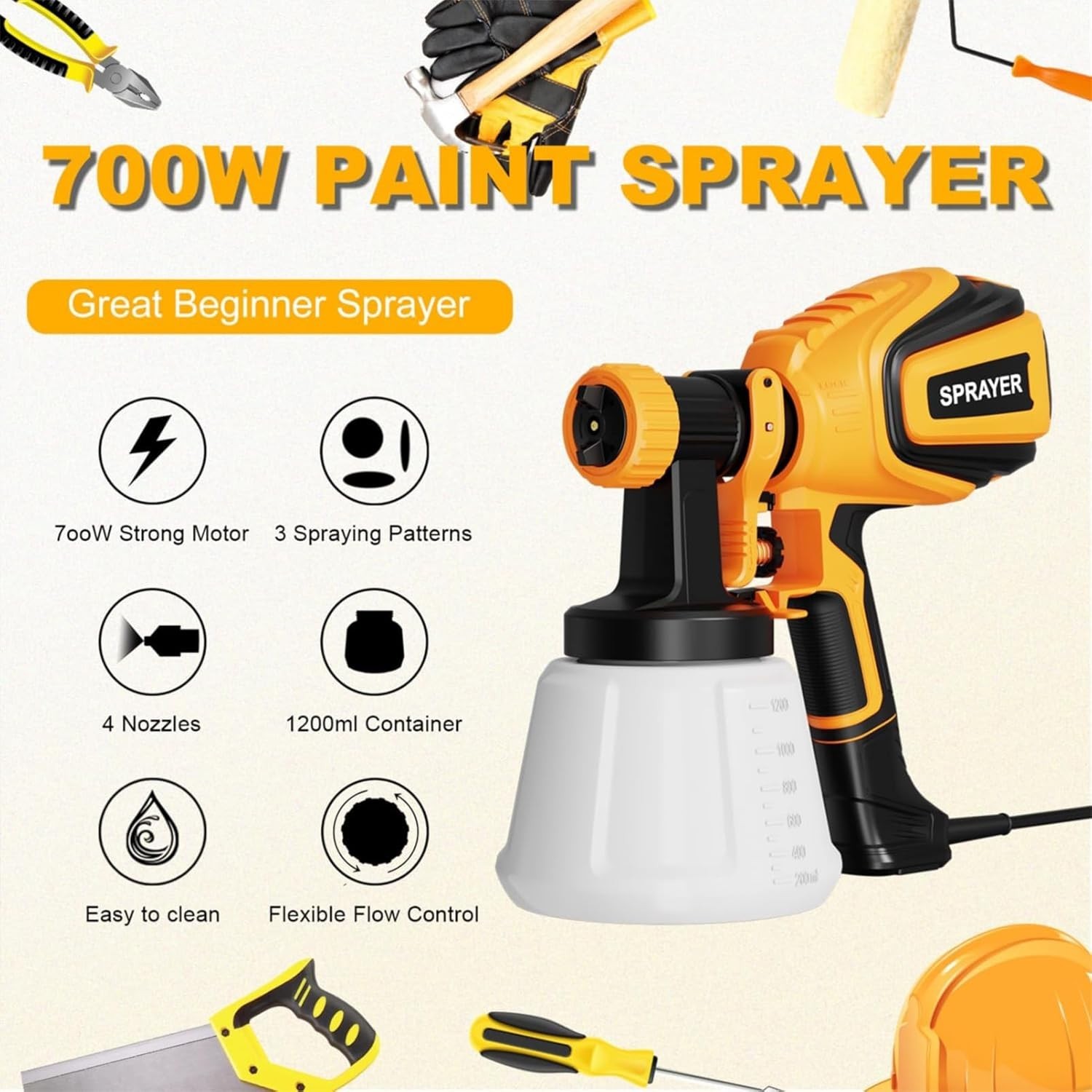 Paint Sprayer, 700W HVLP Spray Gun with Cleaning & Blowing Joints, 4 Nozzles ...