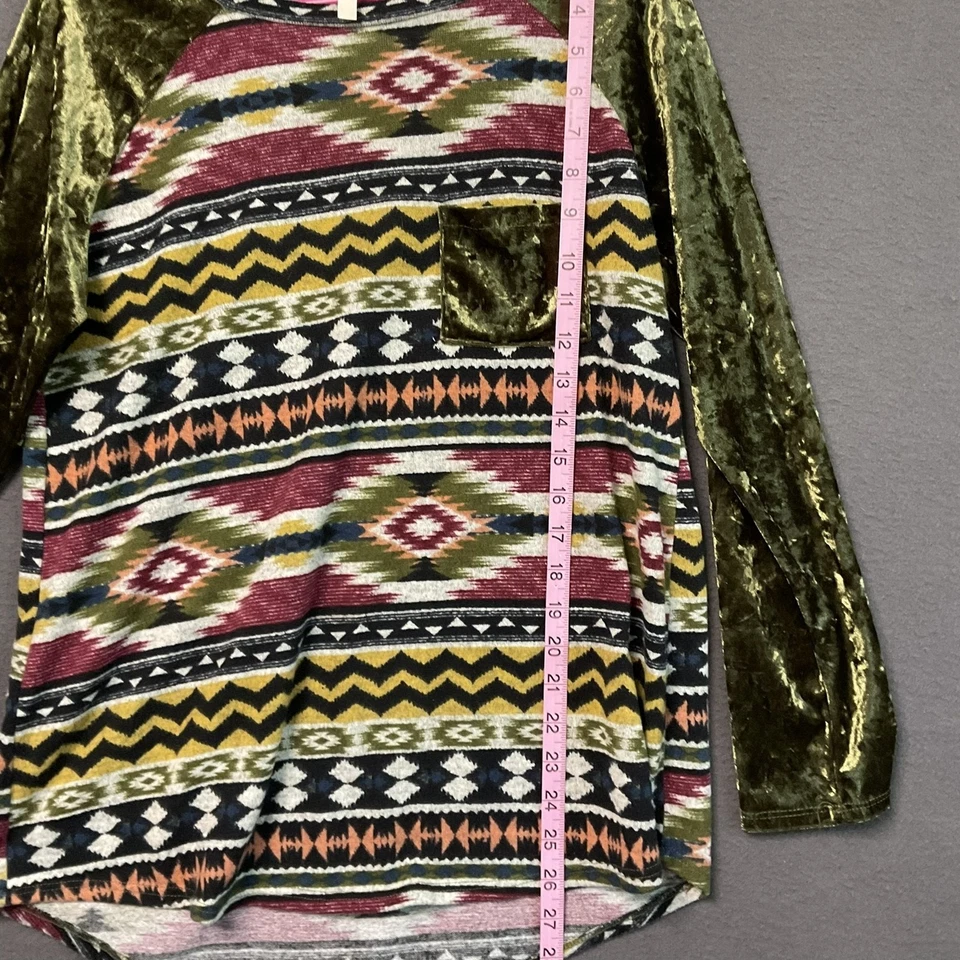 Camisa Lilypad Mujer Mediana Azteca Patrón Boho Verde Terciopelo Manga Bolsillo Largo Foto 3 de 4