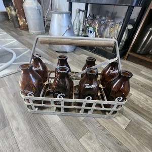 Borden's Brown Glass Milk Bottles Set of 6 with Metal Carrier