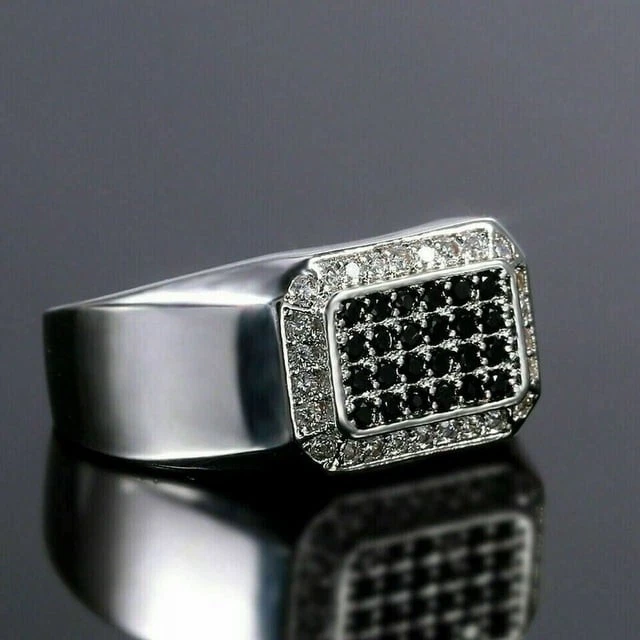 Anillo de banda de diamantes negros creado en laboratorio de corte redondo de 2,00 quilates enchapado en oro blanco de 14 quilates para hombre Foto 2 de 4