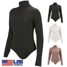 Women's Stretch Cotton Long Sleeve High collar Bodysuit Top Basic Leotard Solid