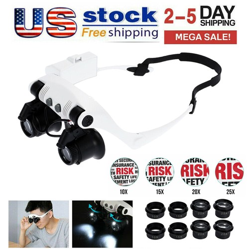 LED Headband Magnifying Glass - 10x To 25x Adjustable Jeweler Loupe With Light