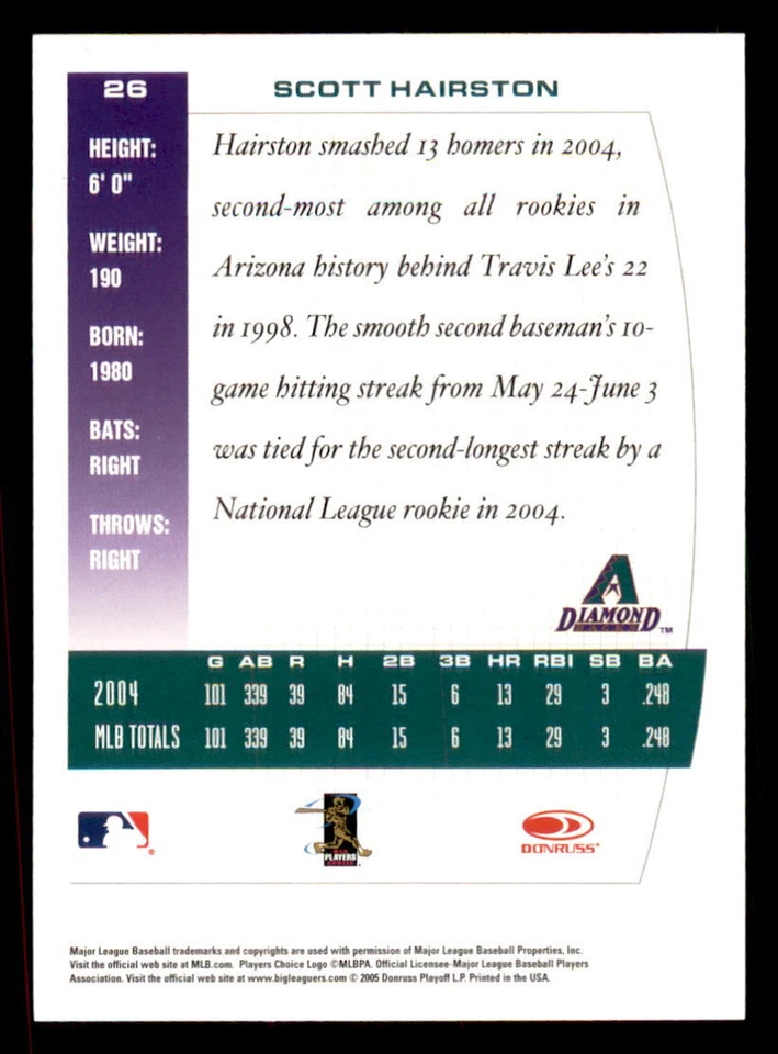 2005 Donruss Team Heroes  #26 Scott Hairston Arizona Diamondbacks - Image 2 of 2